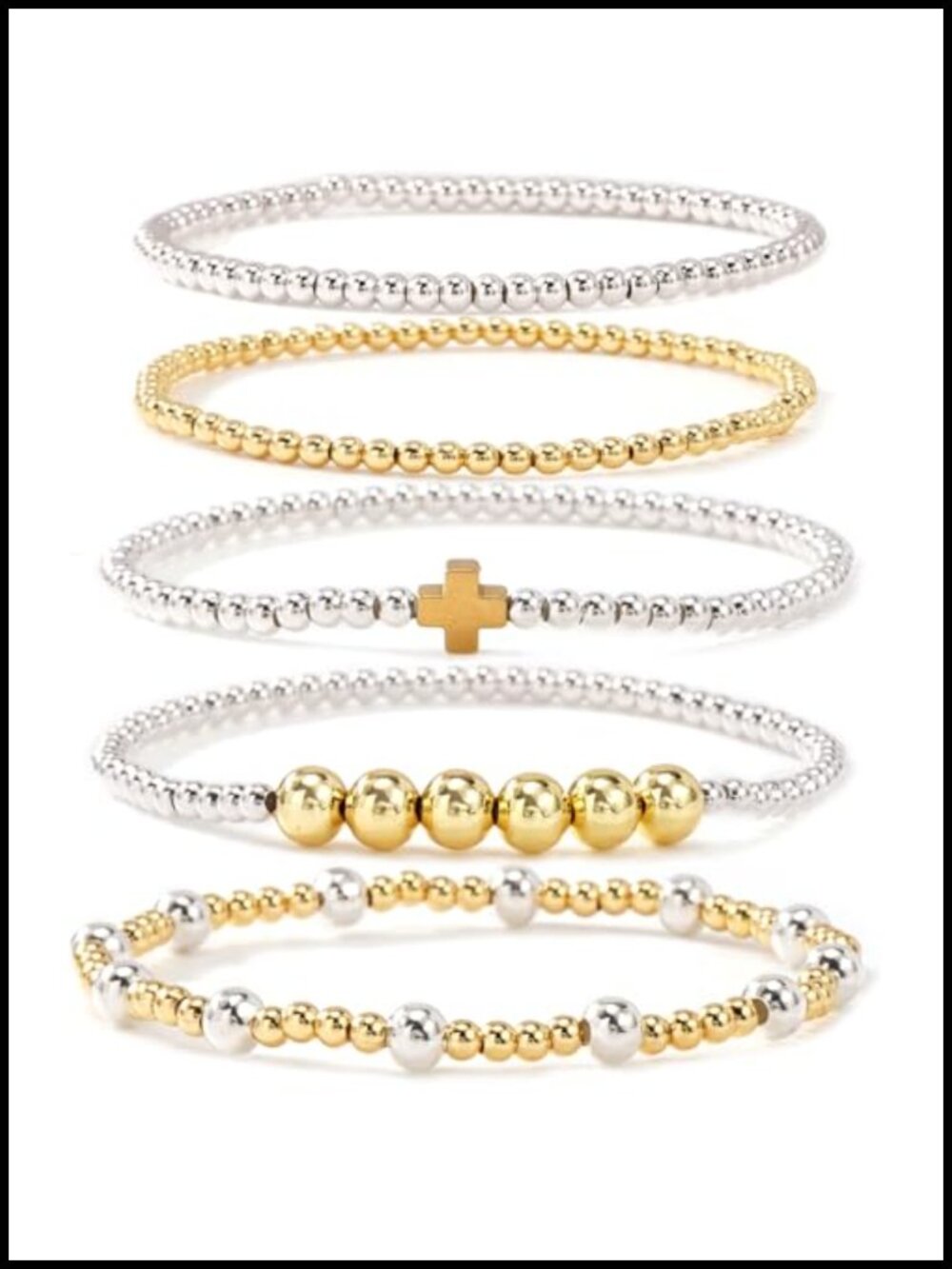 14K Gold Plated Beaded Bracelets for Women Stackable Cross Charm Elastic